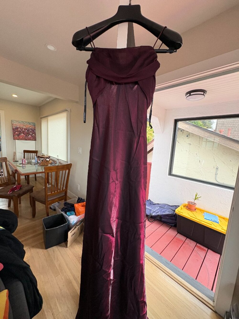 Vintage Betsy & Adam Burgundy Satin Ruffle Cowl Back Gown 6P